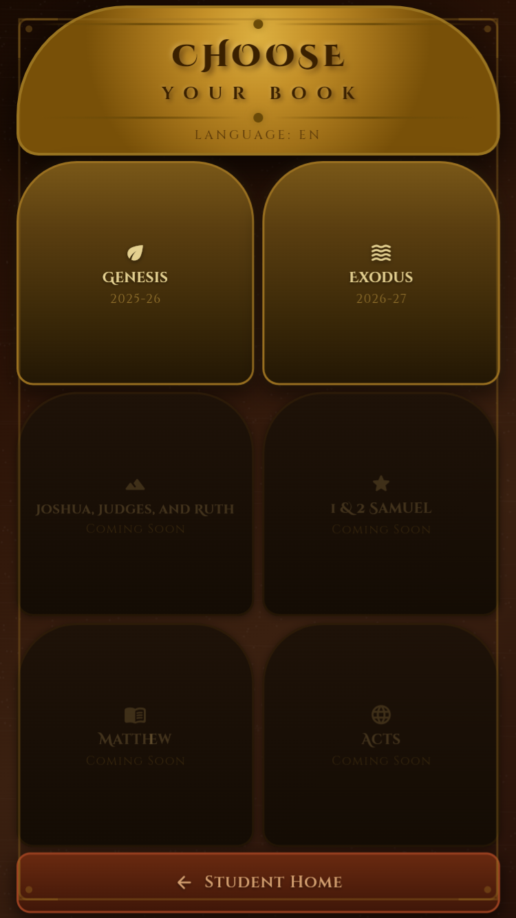 Book selection screen showing Genesis and Exodus