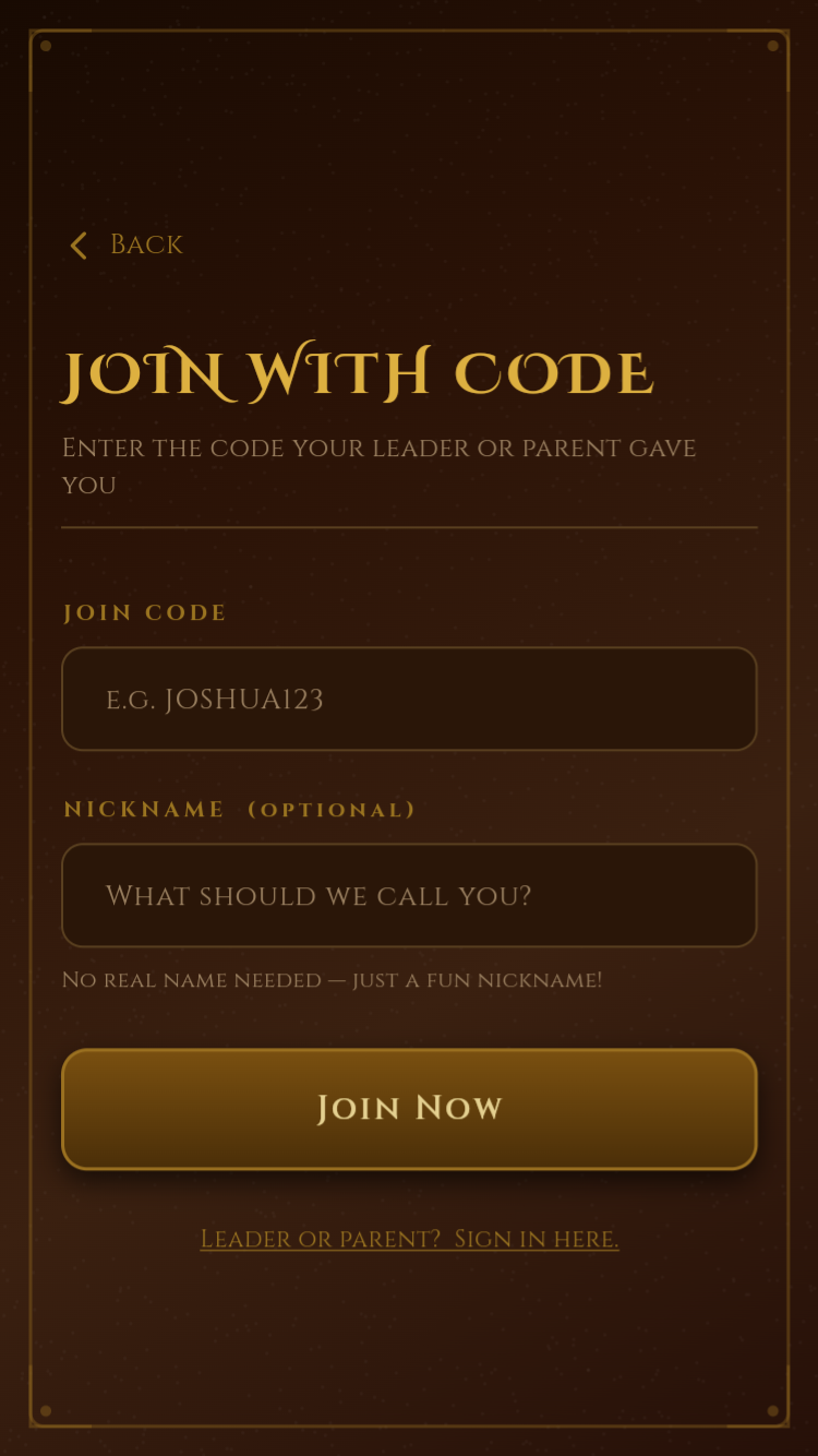 Join with Family Code screen with empty form
